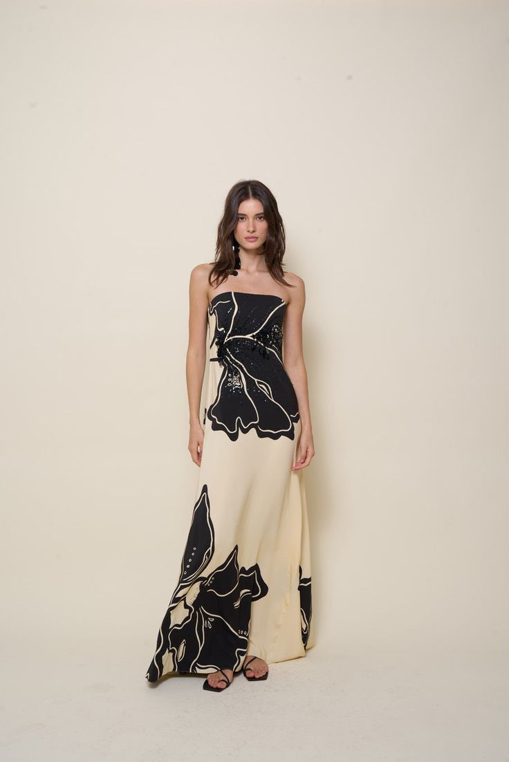 Strapless Black and Cream Floral Gown