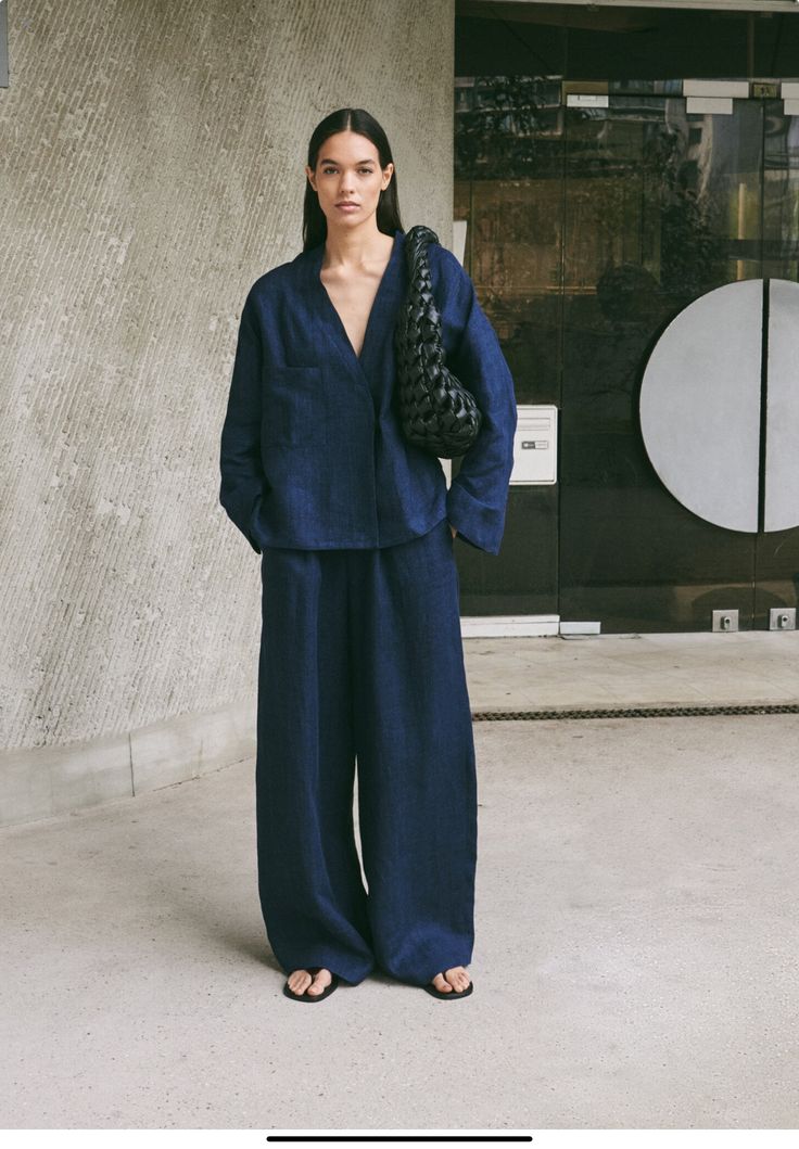 Navy Wide Leg Linen Set