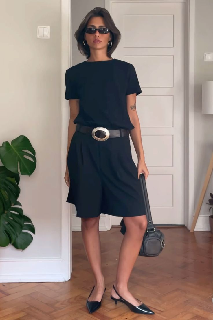 Belted black tee and shorts style