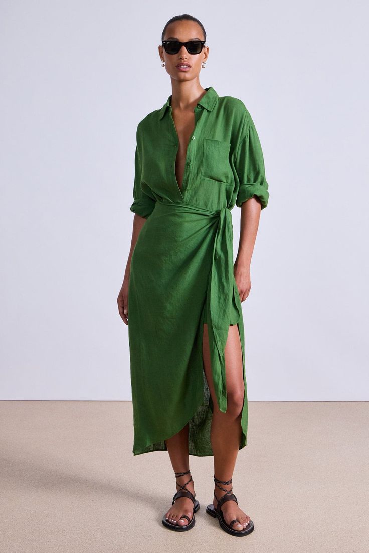 Green Wrap Shirt Dress