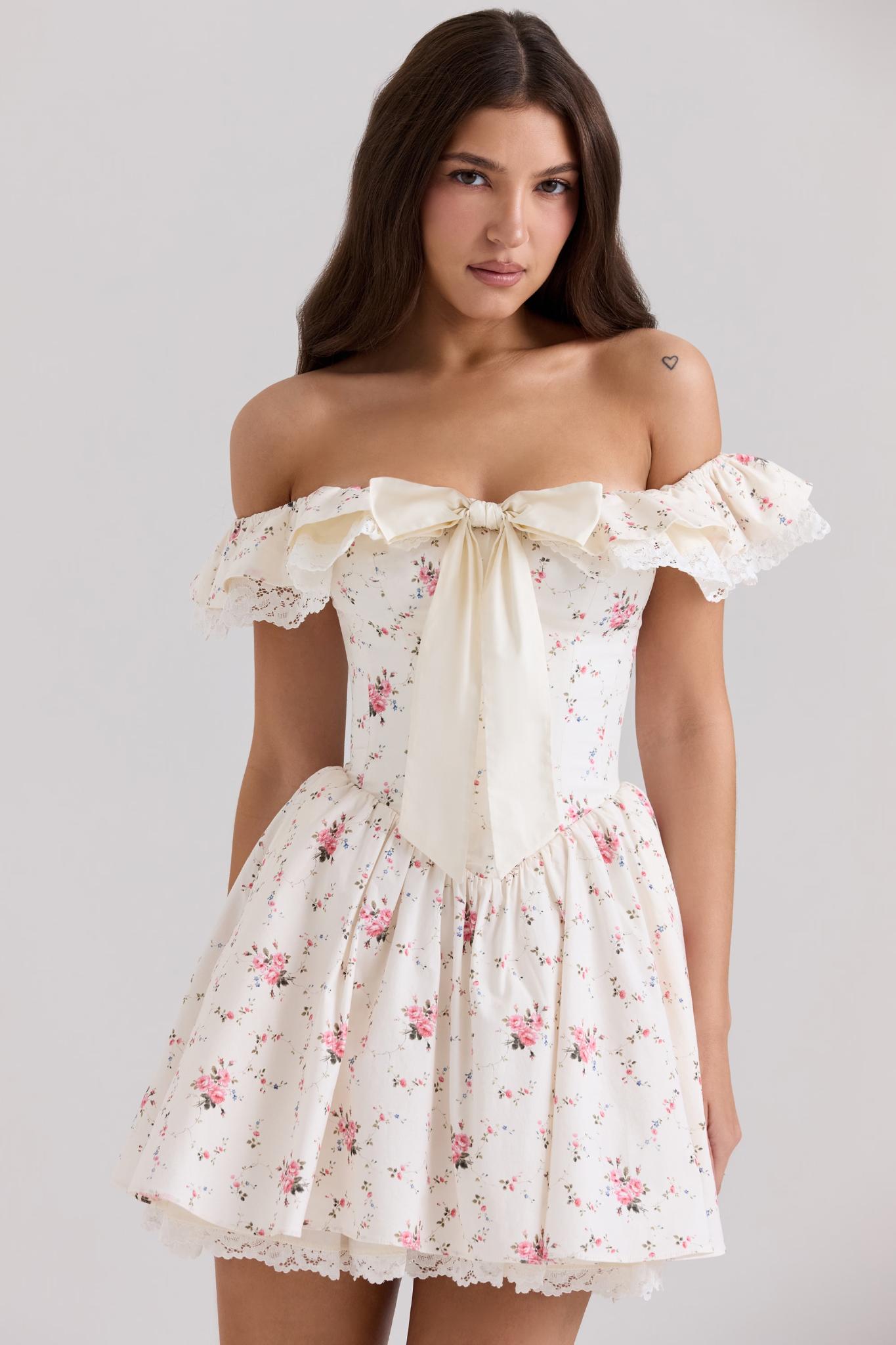 off shoulder floral mini dress