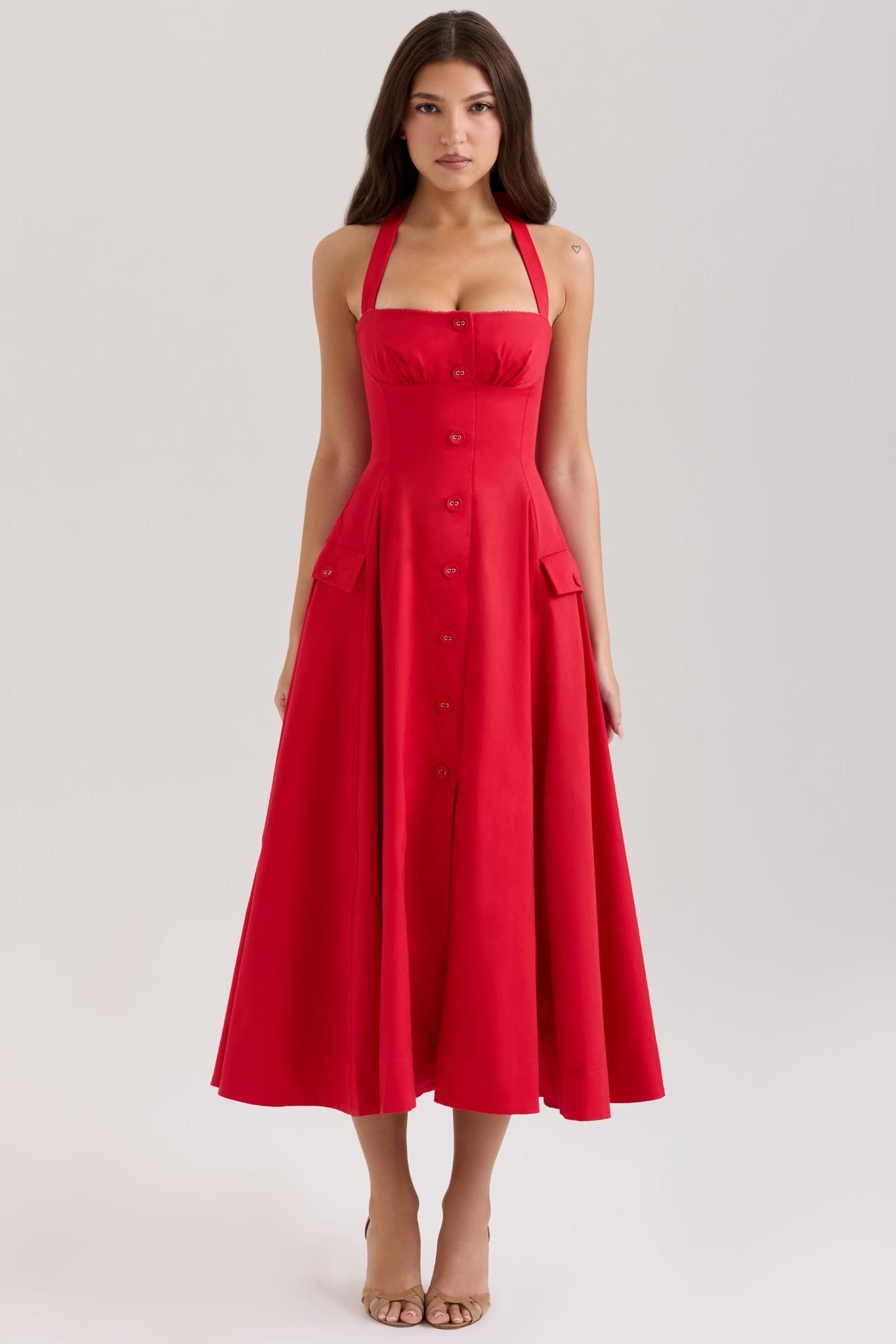 red halter midi dress