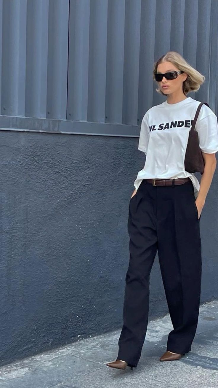 Logo tee and pleated pants street style