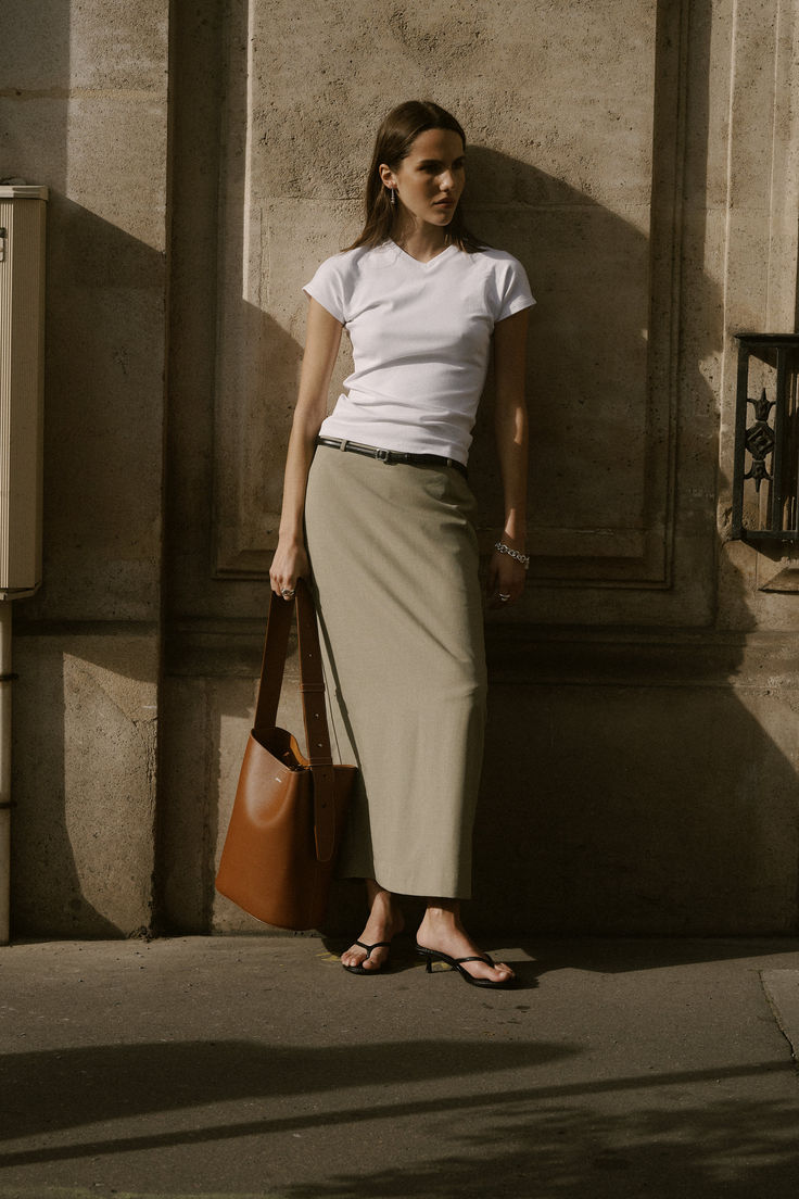 Sleek simplicity with a white tee and straight maxi skirt